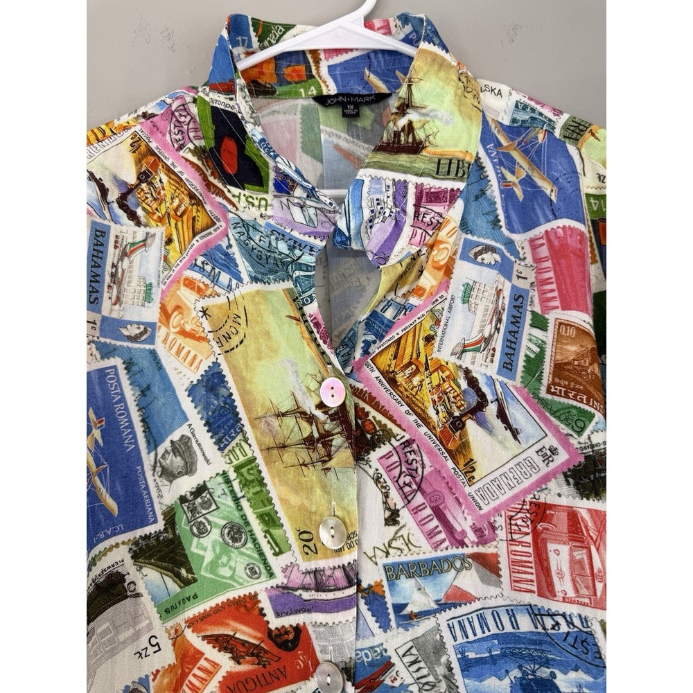 John Mark Women's 1X Top Blouse Shirt Travel Postage Stamps Collage Wire Collar